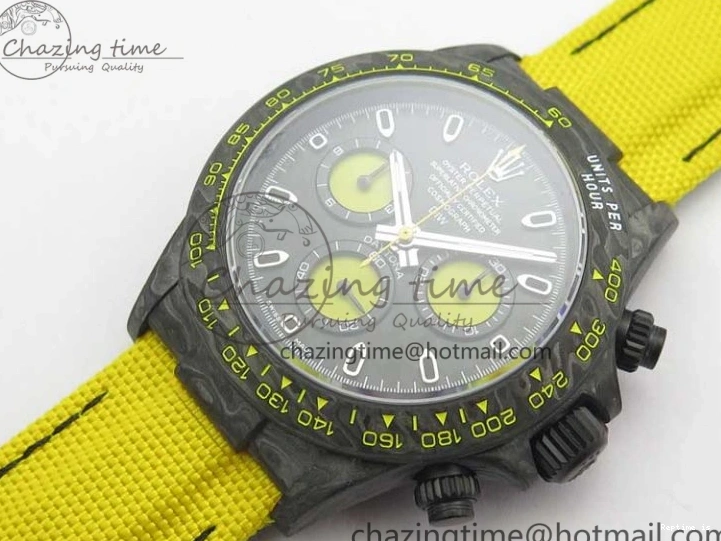 0102 Supportive Daytona DIW Carbon Case and Bezel Black Yellow Dial on Yellow Nylon Strap A 3220